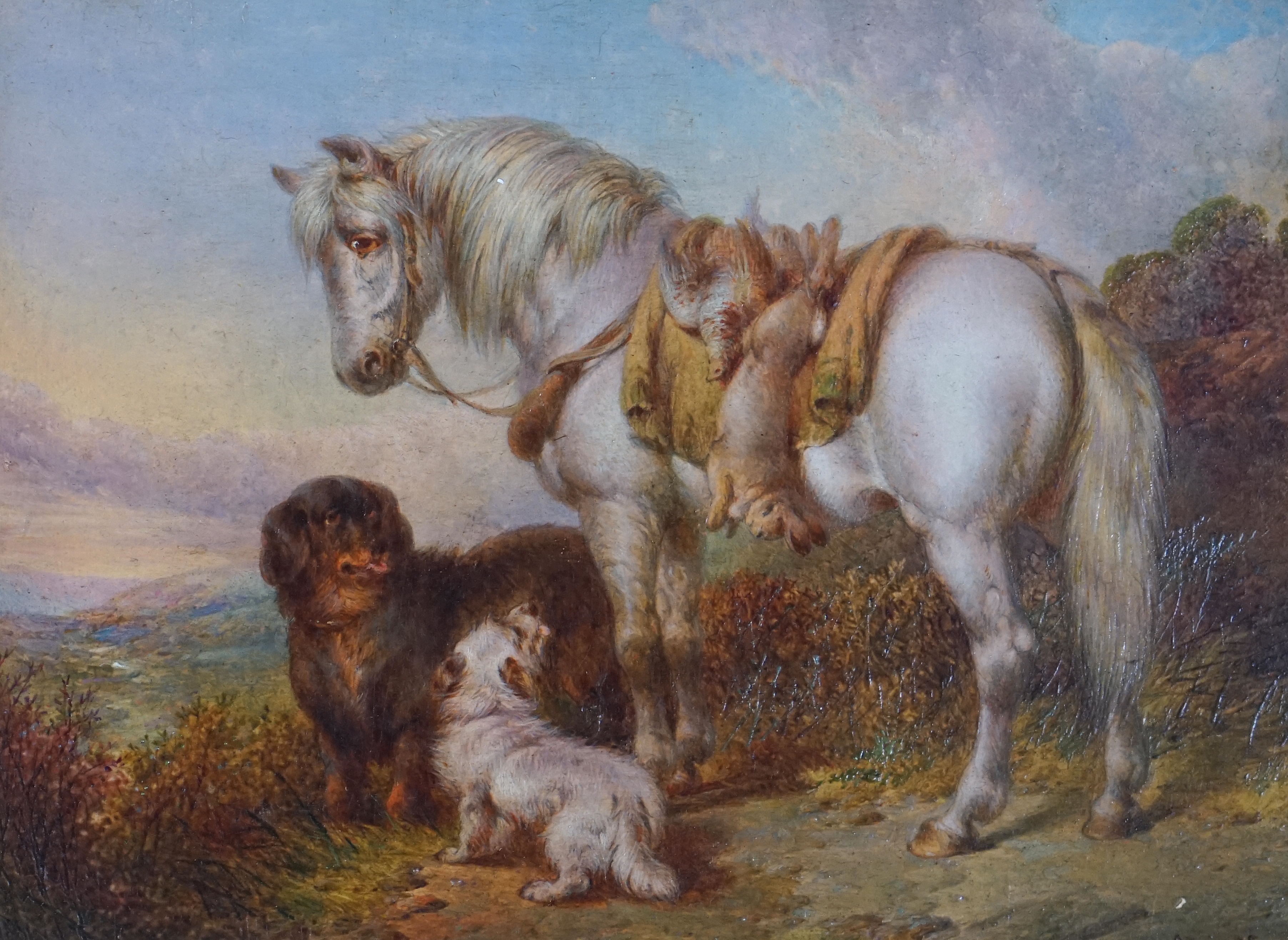 Paul Jones (English, fl.1855-1888), Gamekeeper's pony and dogs in a landscape, oil on panel, 16 x 21.5cm